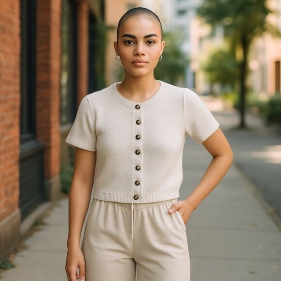 Aritzia Cream Short Sleeve Cardigan - Picture 3 of 14